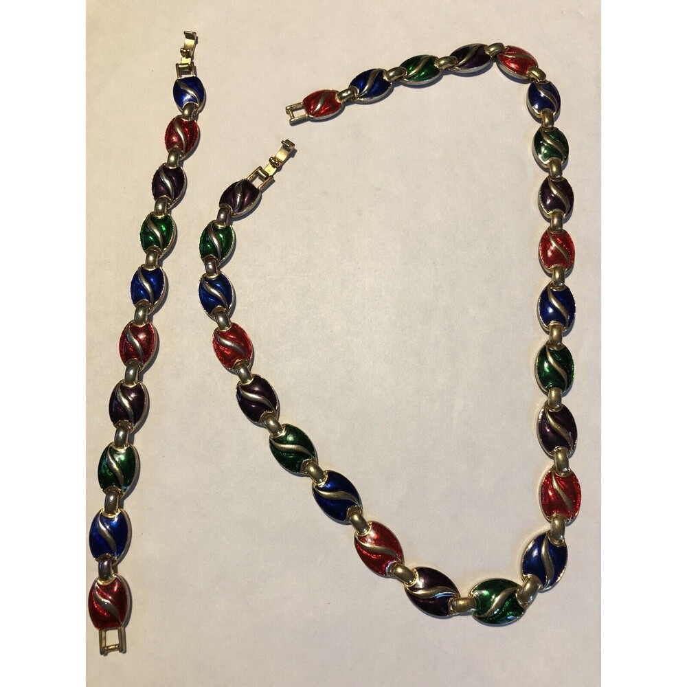 Vintage Gold Tone Multi Colored Enameled 18” Necklace With Matching 7.5”Bracelet
